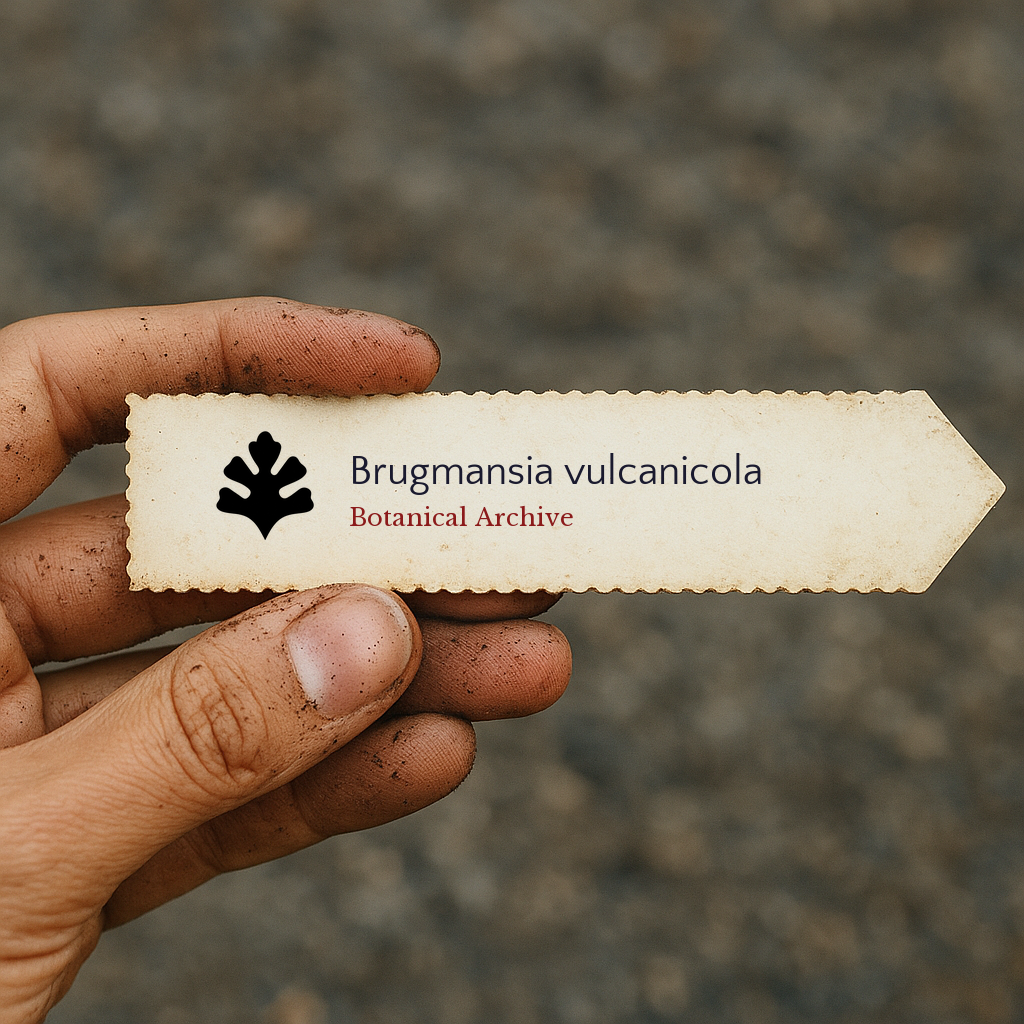 Printed plant label for Brugmansia vulcanicola held by dirty hand outdoors