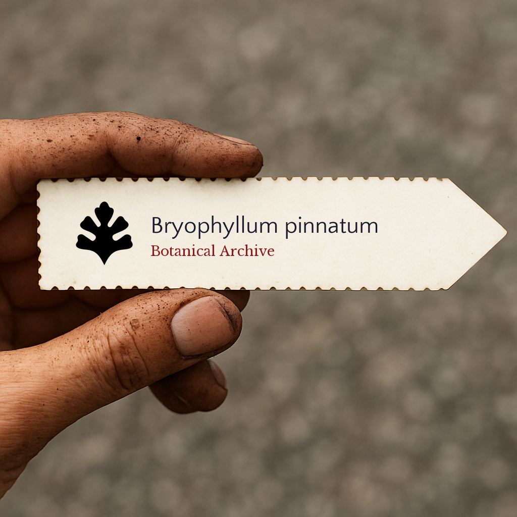 Printed plant label for Bryophyllum pinnatum held by dirty hand outdoors