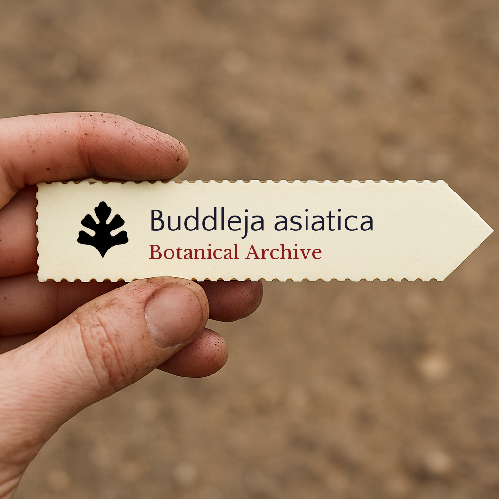 Printed plant label for Buddleja asiatica held by dirty hand over soil background