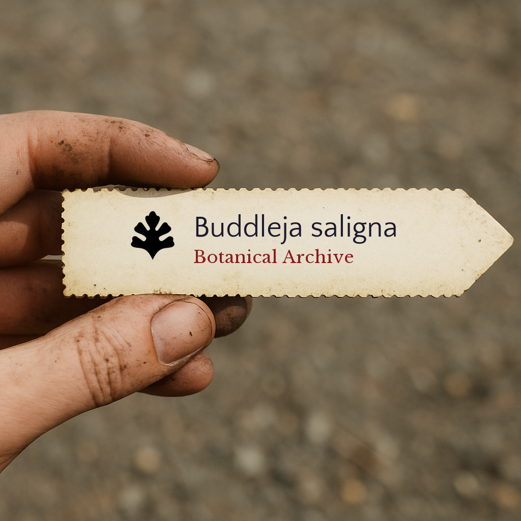 Etichetta stampata per pianta di Buddleja saligna tenuta da mano sporca all'aperto