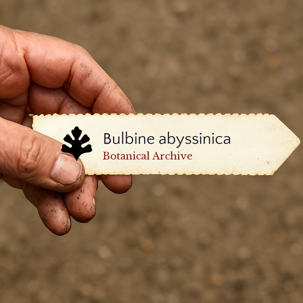 Etichetta per piante stampata per Bulbine abyssinica tenuta a mano con sfondo di terra