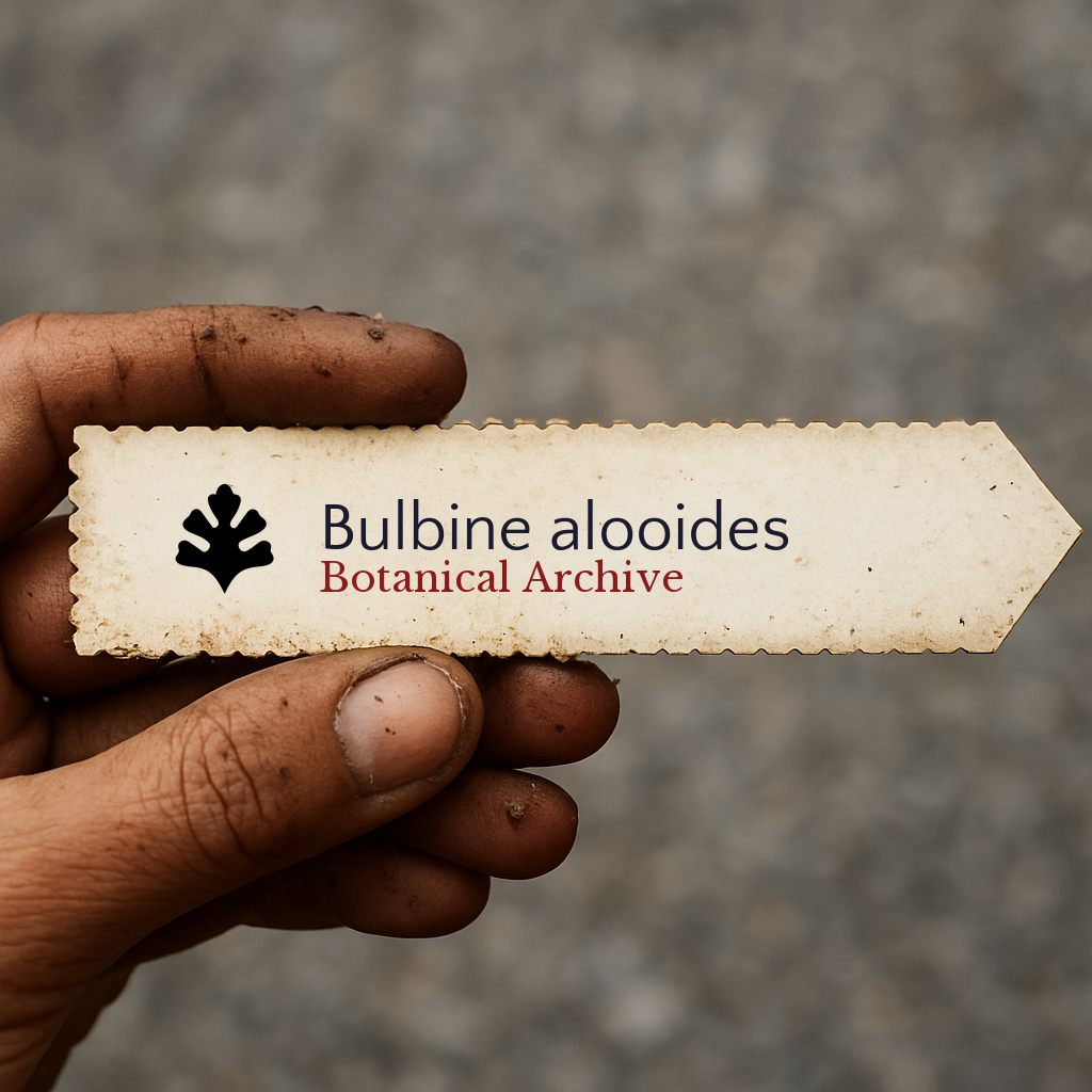 Printed plant label for Bulbine alooides held by dirty hand with textured background