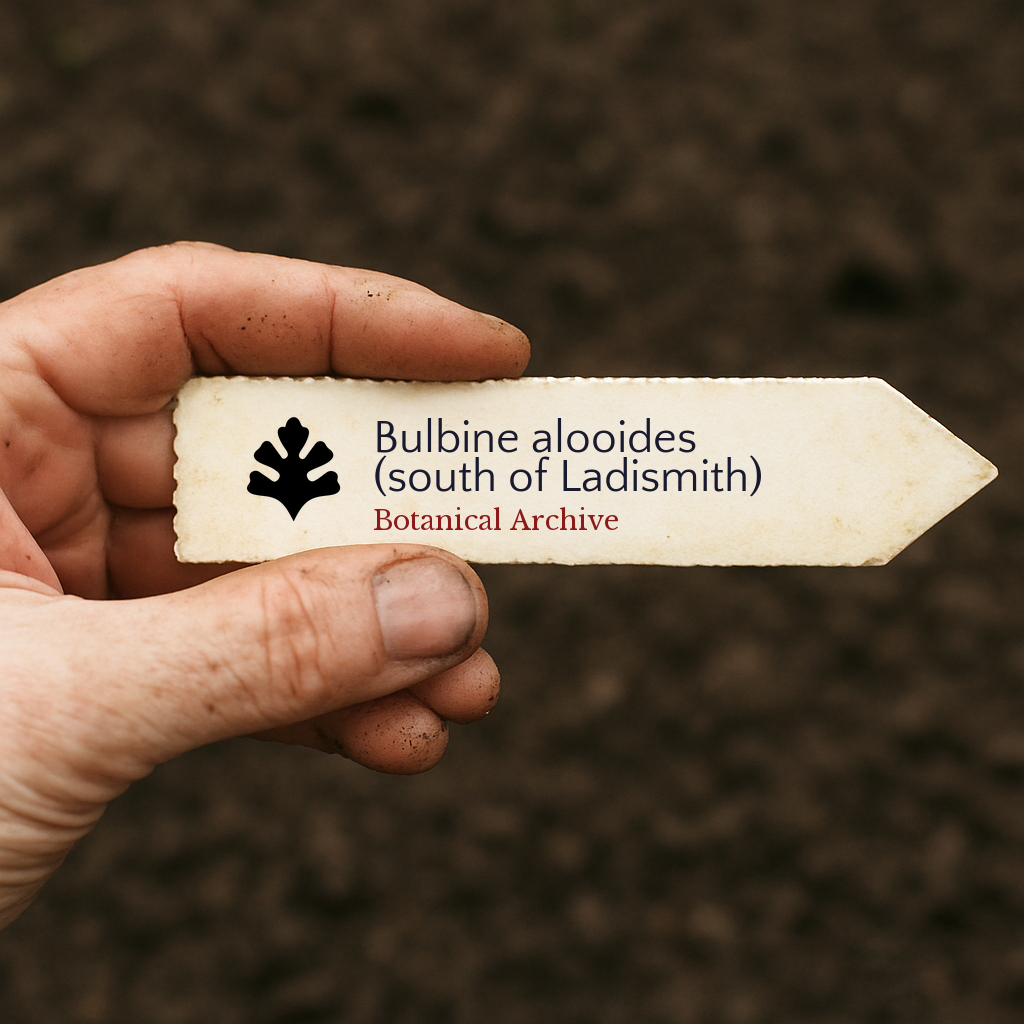 Printed plant label for Bulbine alooides held by hand over soil background