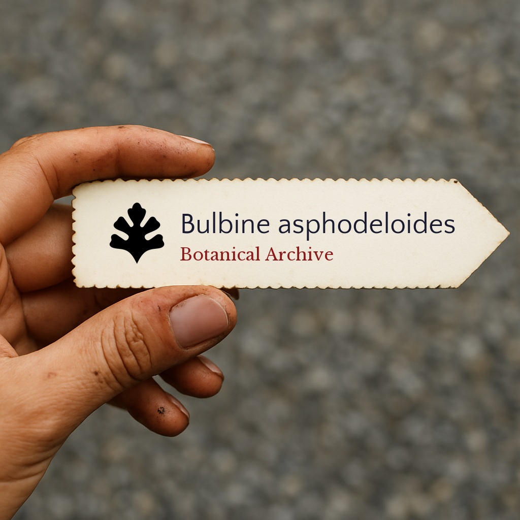 Etichetta stampata della pianta per Bulbine asphodeloides con il logo Botanical Archive tenuta a mano