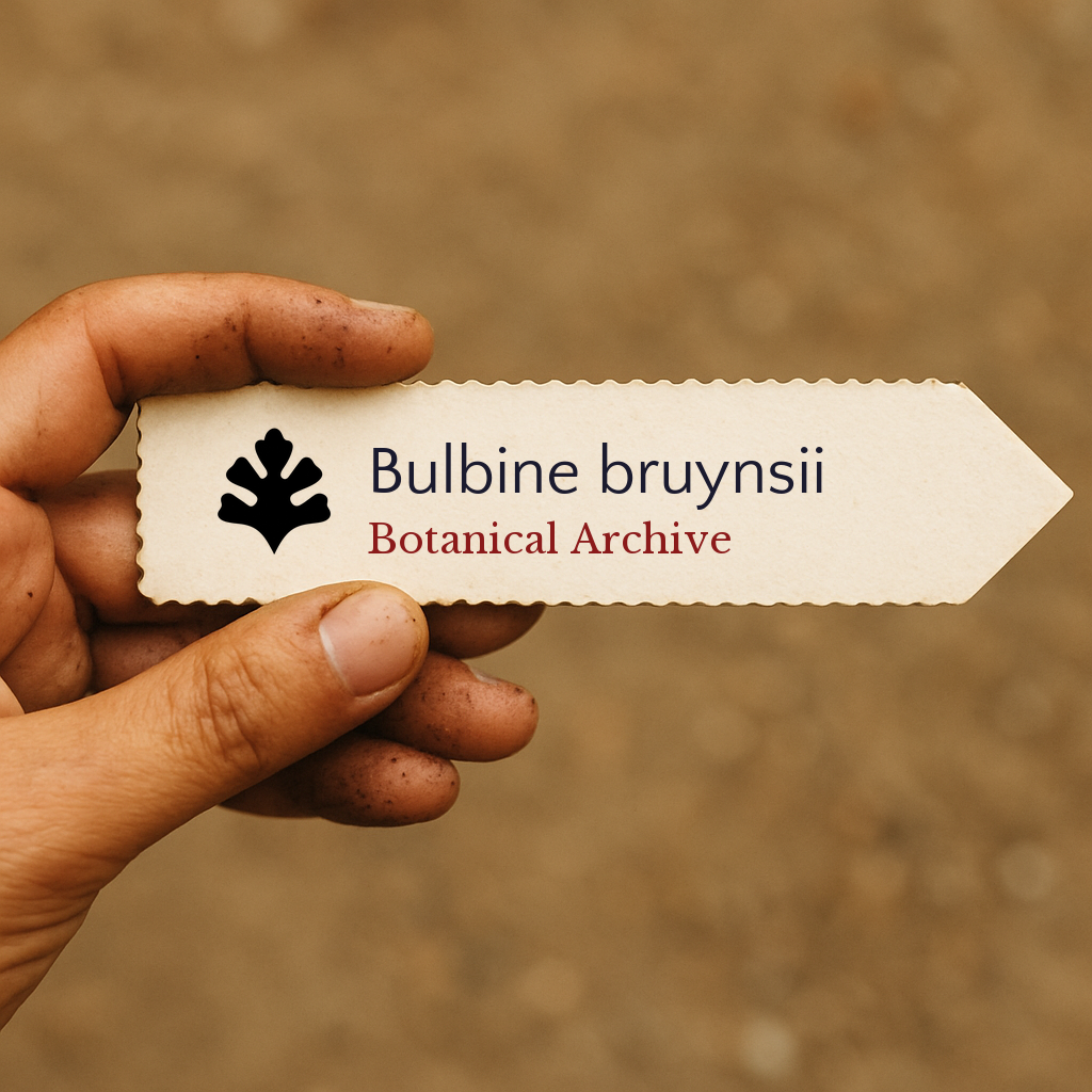 Printed plant label for Bulbine bruynsii held by hand with dirt background