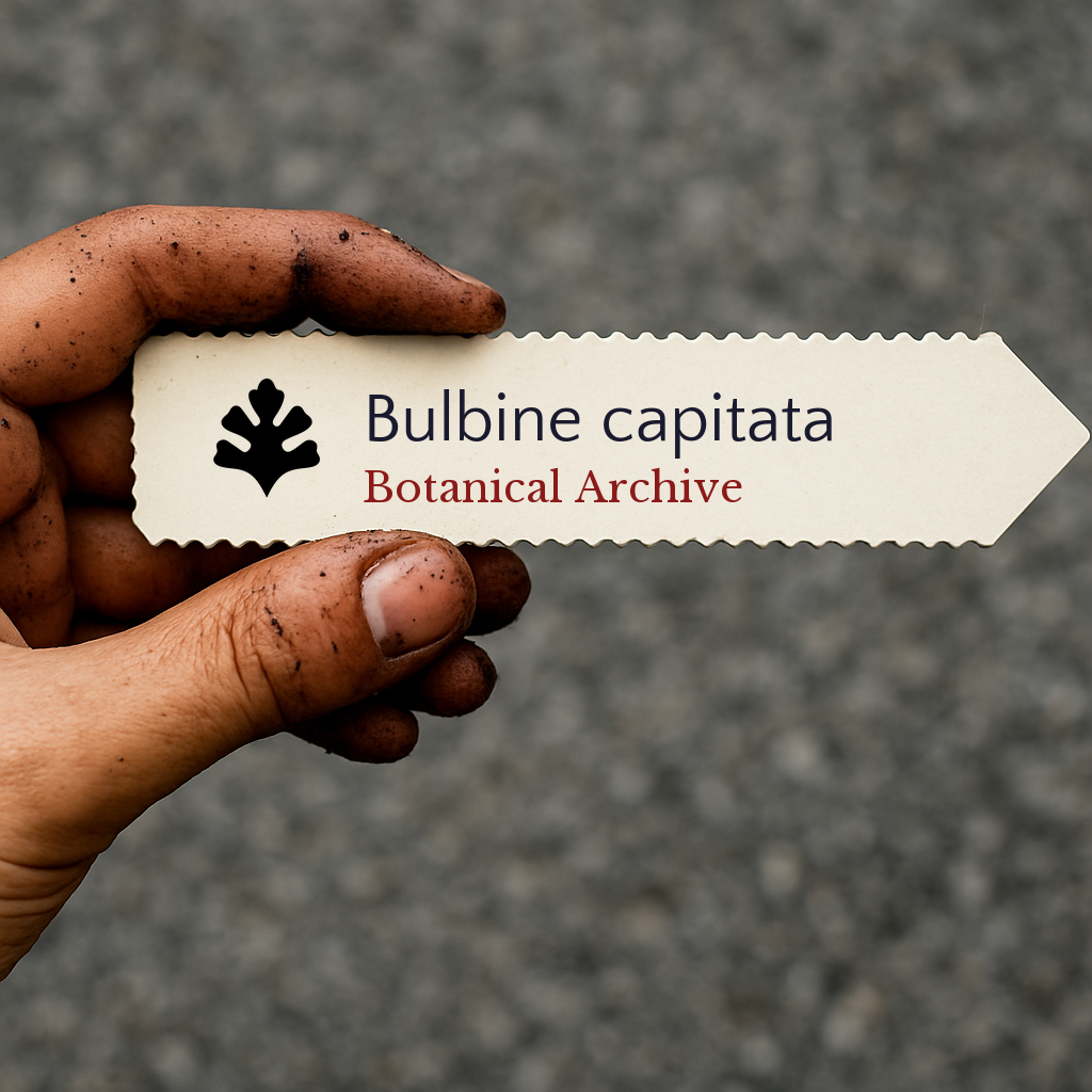 Etichetta stampata per pianta Bulbine capitata tenuta da una mano coperta di terra