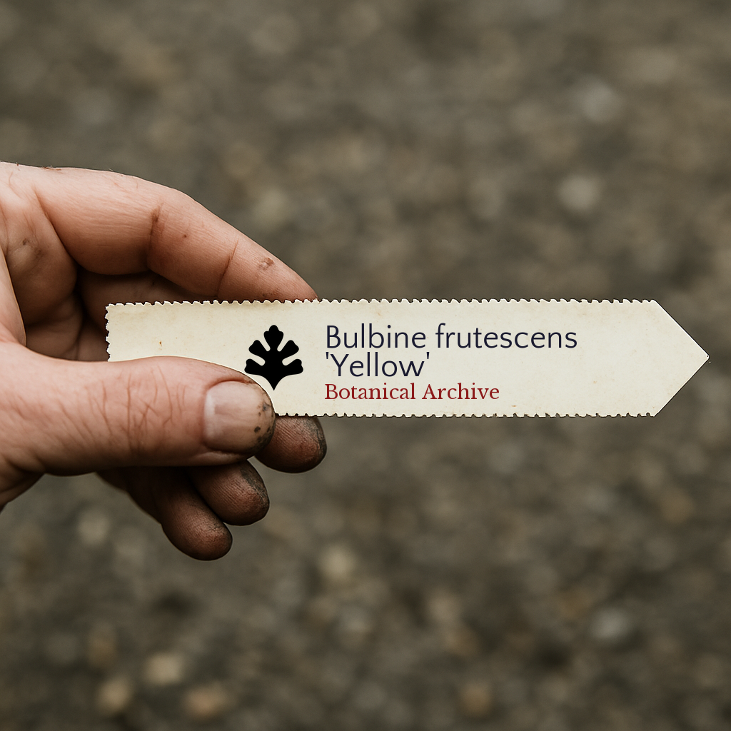 Handheld printed plant label for Bulbine frutescens 'Yellow' with botanical archive logo