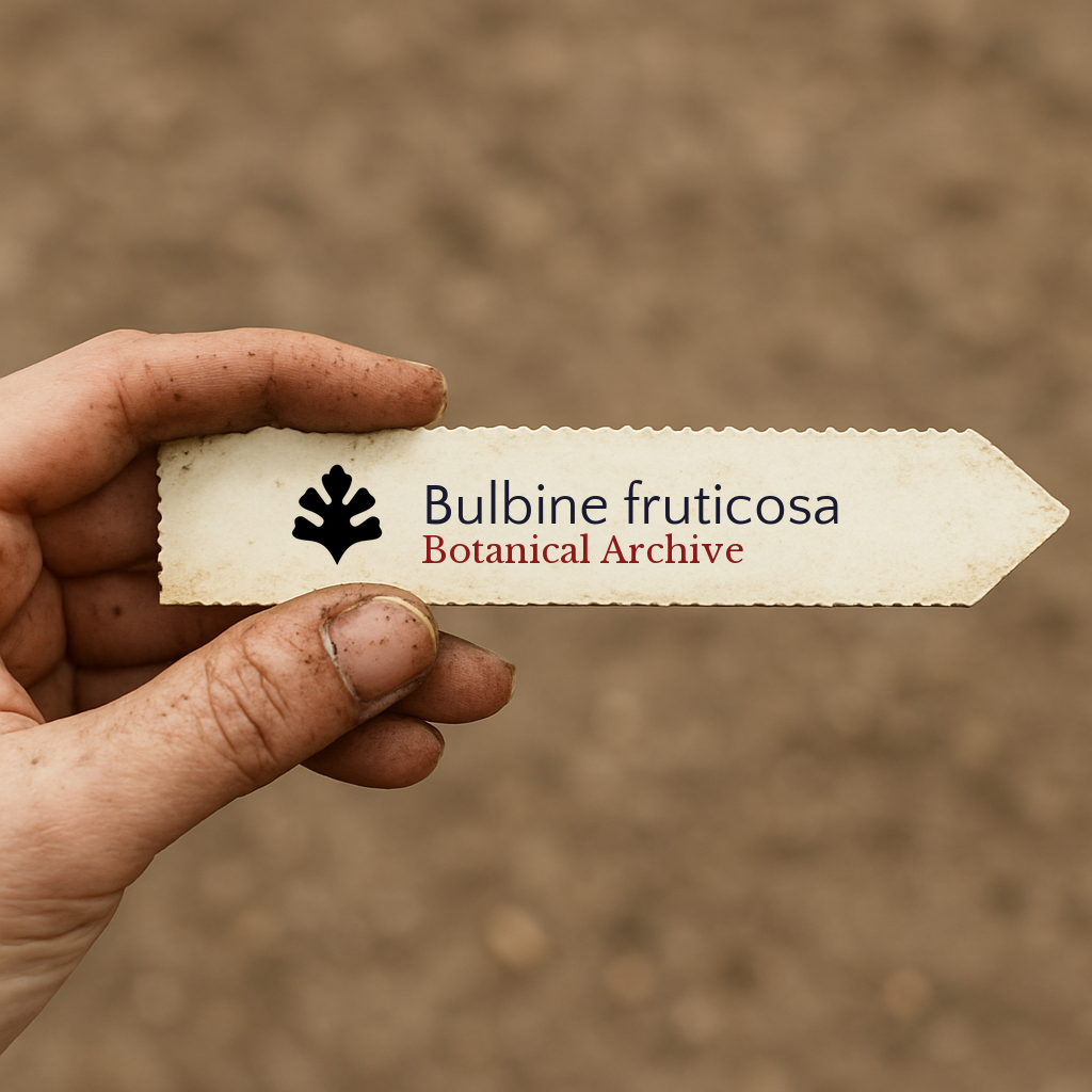 Printed plant label for Bulbine fruticosa held by a dirty hand against soil background