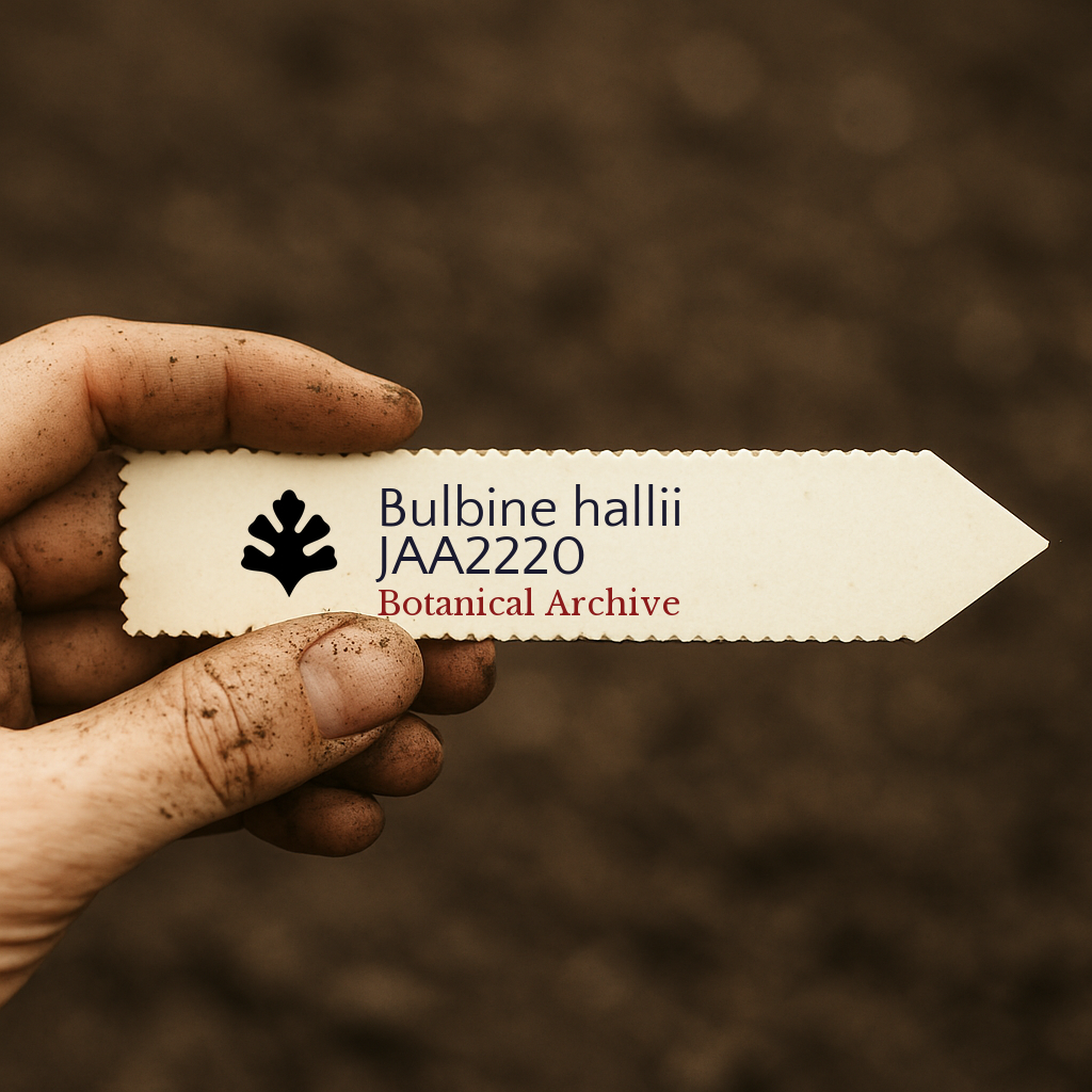 Printed plant label for Bulbine hallii held by dirty hand against soil background