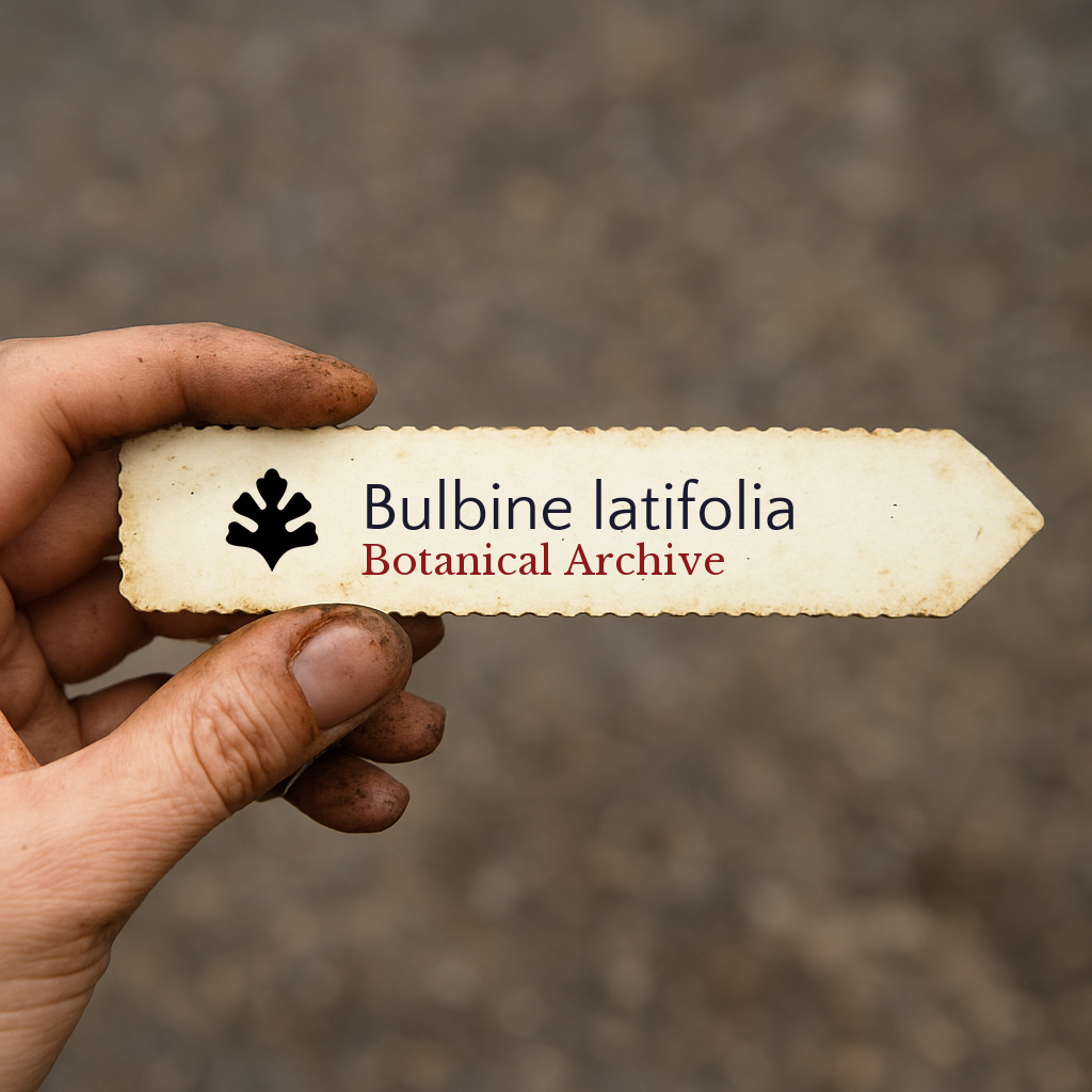 Etichetta stampata per pianta di Bulbine latifolia tenuta da mano sporca su sfondo sfocato