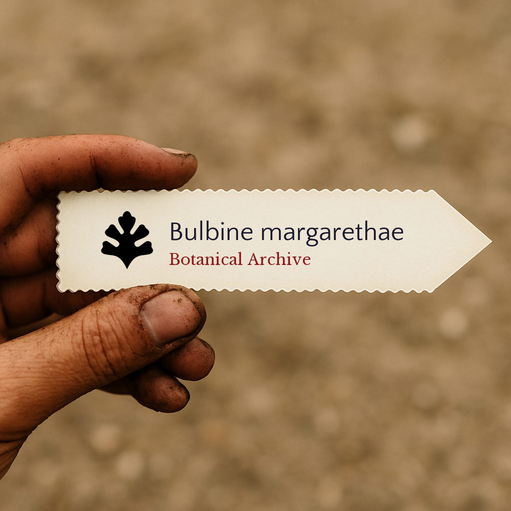 Etichetta stampata per pianta di Bulbine margarethae tenuta a mano con sfondo di terra