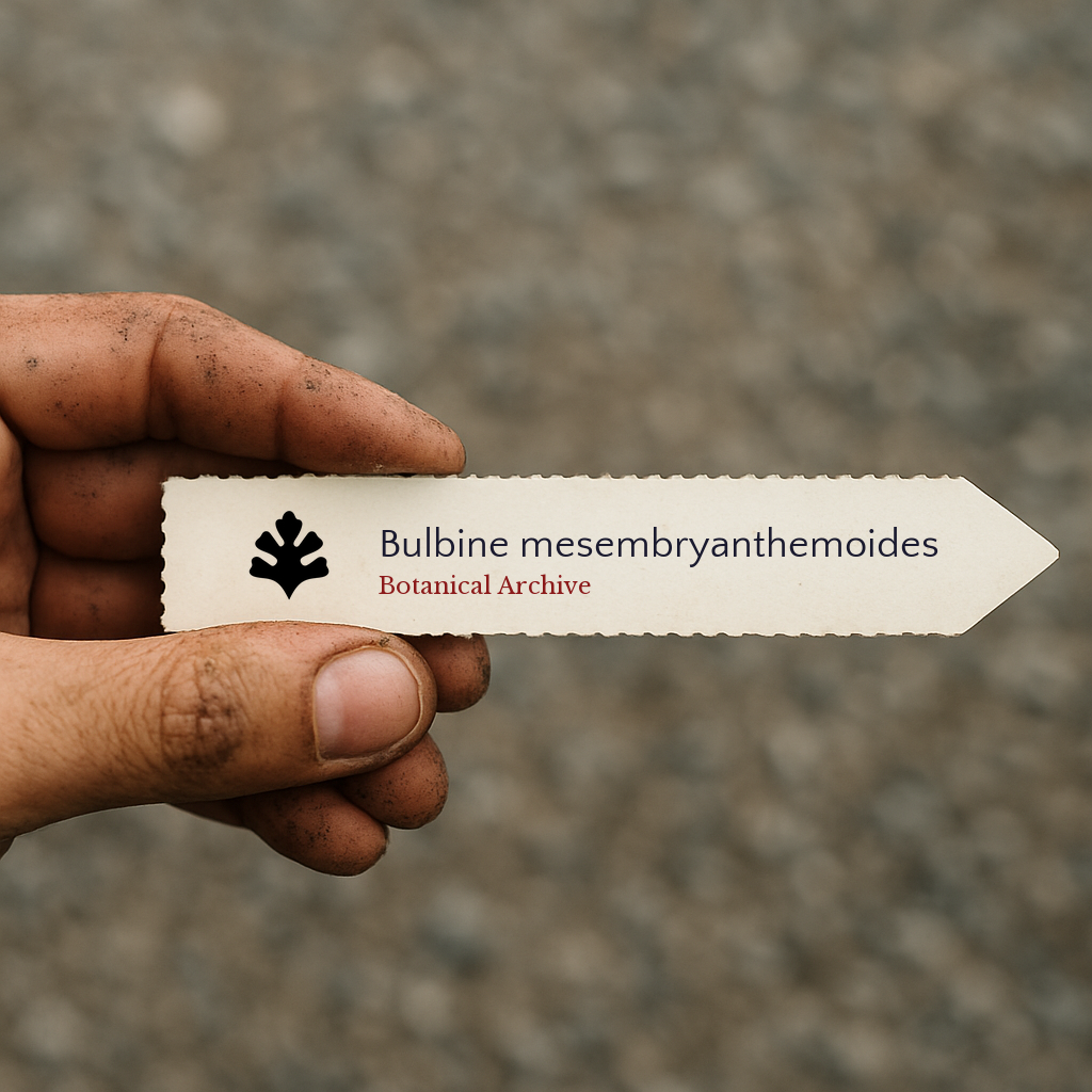Printed plant label for Bulbine mesembryanthemoides held by hand with dirt background