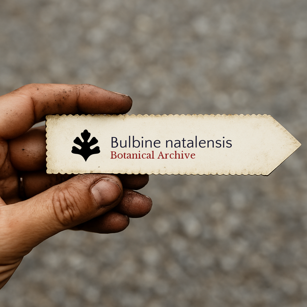 Printed plant label for Bulbine natalensis with botanical archive logo held by hand