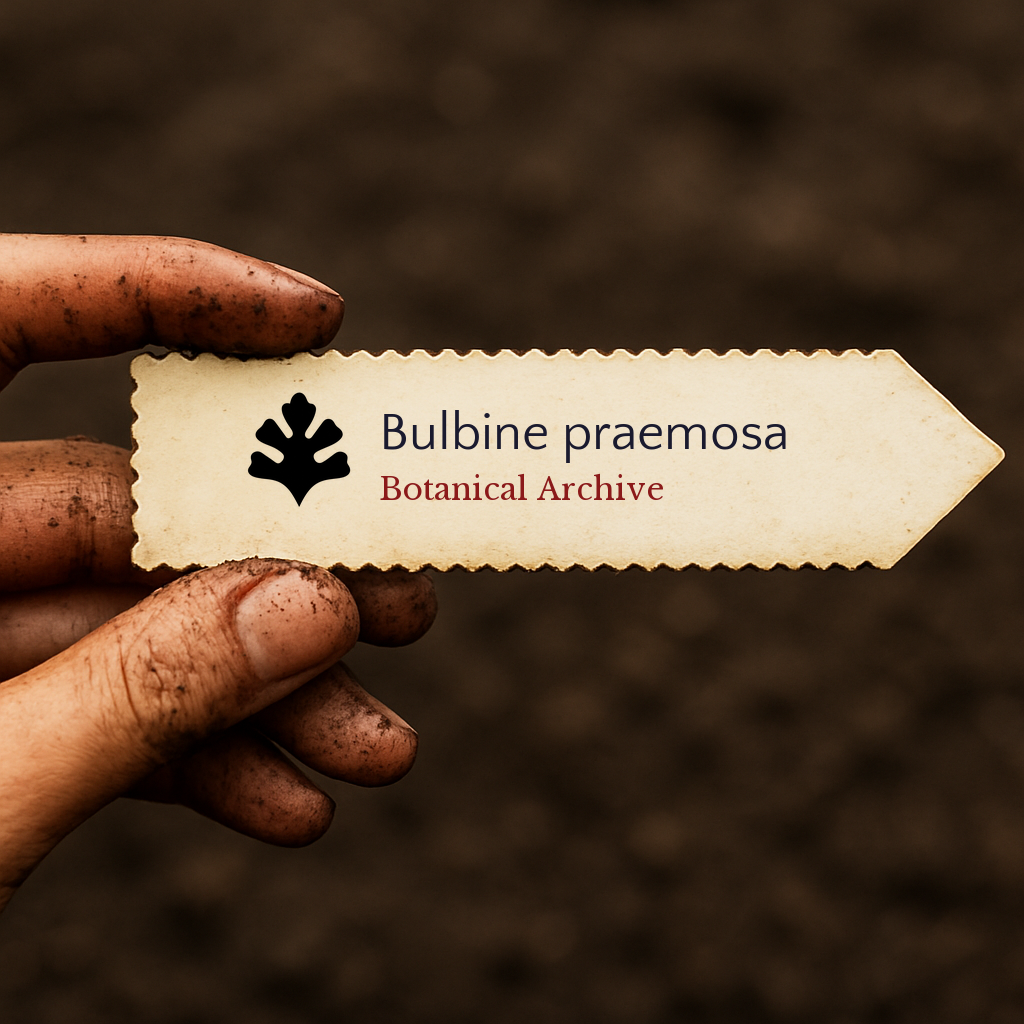 Printed plant label for Bulbine praemosa held by dirty hand over soil background