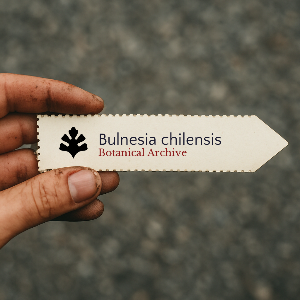 Printed plant label for Bulnesia chilensis with botanical archive logo held by hand