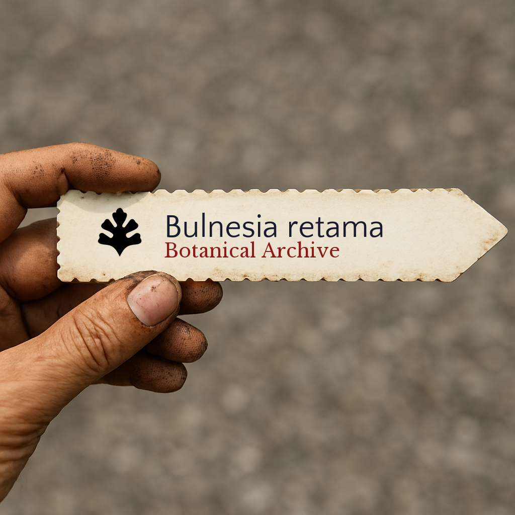 Etichetta per pianta stampata per Bulnesia retama con il logo di Botanical Archive tenuta da una mano sporca