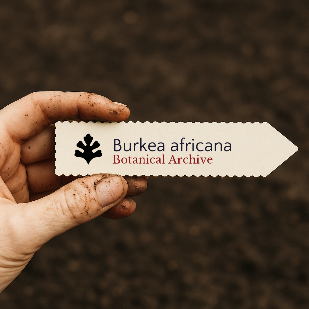 Plant label for Burkea africana with botanical archive logo held by dirty hand over soil background