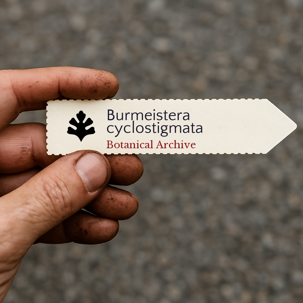 Printed plant label for Burmeistera cyclostigmata with botanical archive logo held by hand
