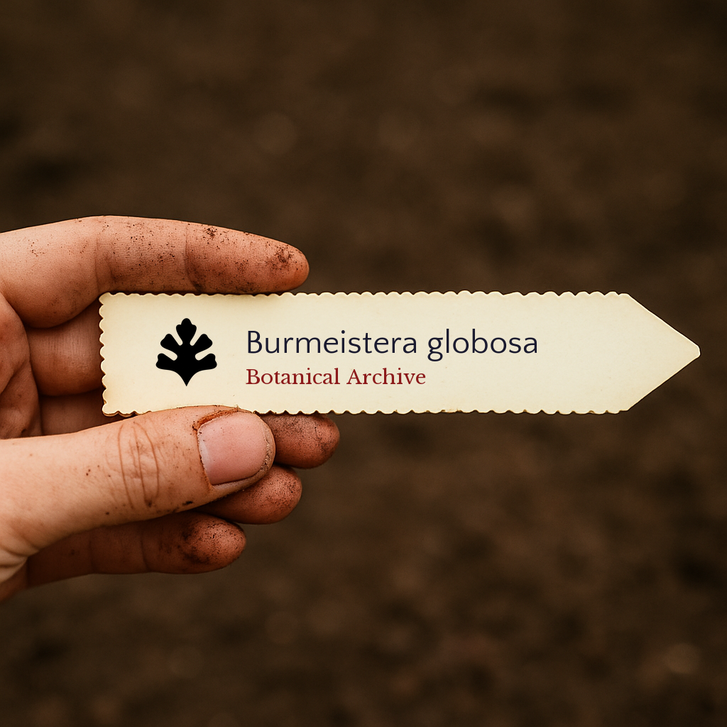 Printed plant label for Burmeistera globosa held by hand with soil background