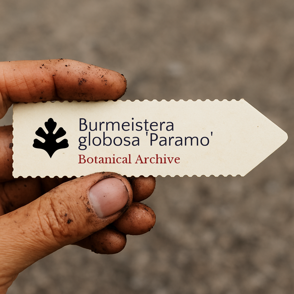 Printed plant label for Burmeistera globosa 'Paramo' held by dirty hand outdoors