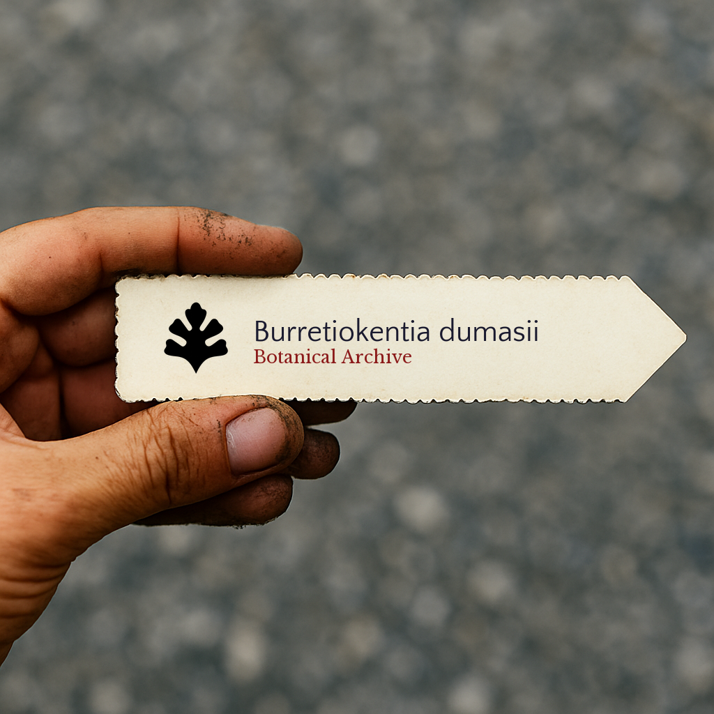 Printed plant label for Burretiokentia dumasii held by hand with dirt background