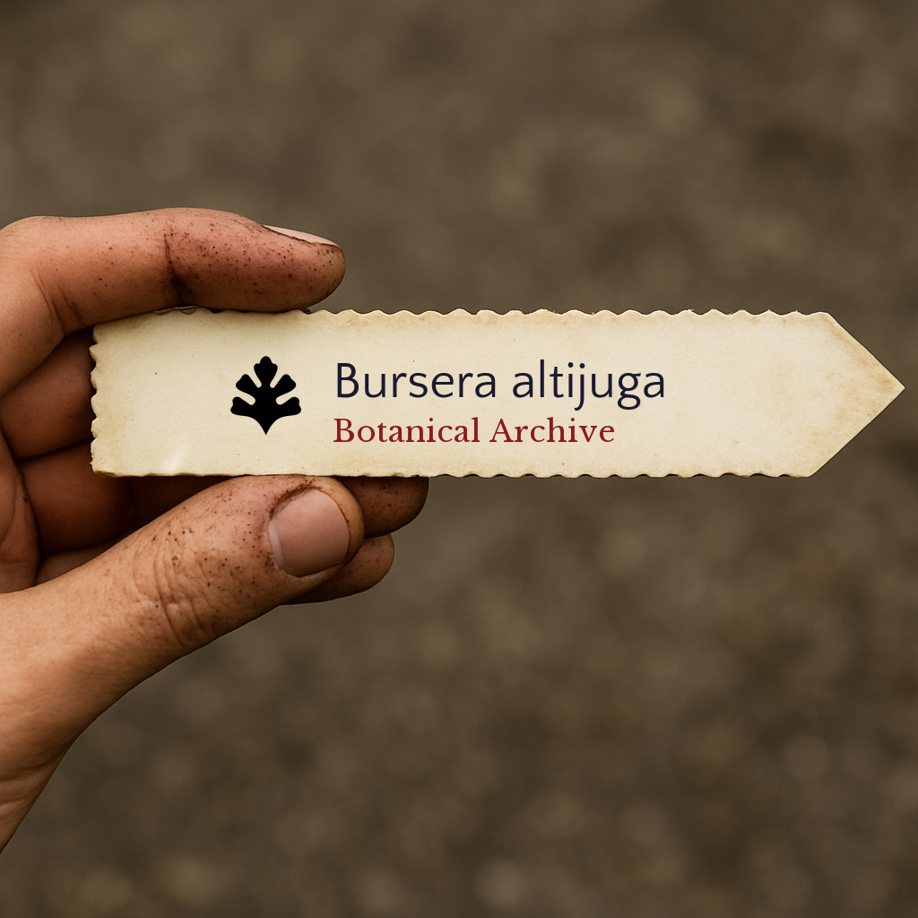 Printed botanical archive label for Bursera altijuga held by hand with dirt marks