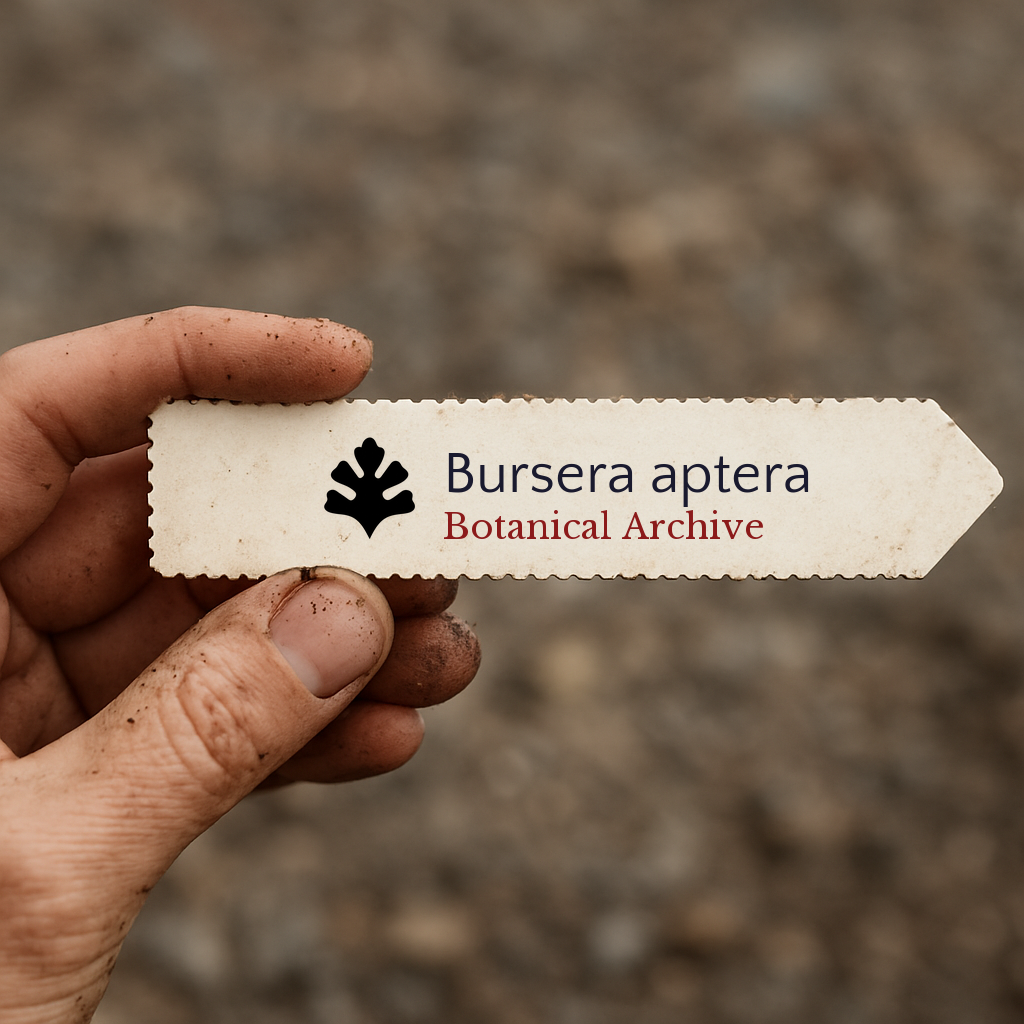 Etichetta per pianta stampata per Bursera aptera tenuta in mano con sfondo di terreno
