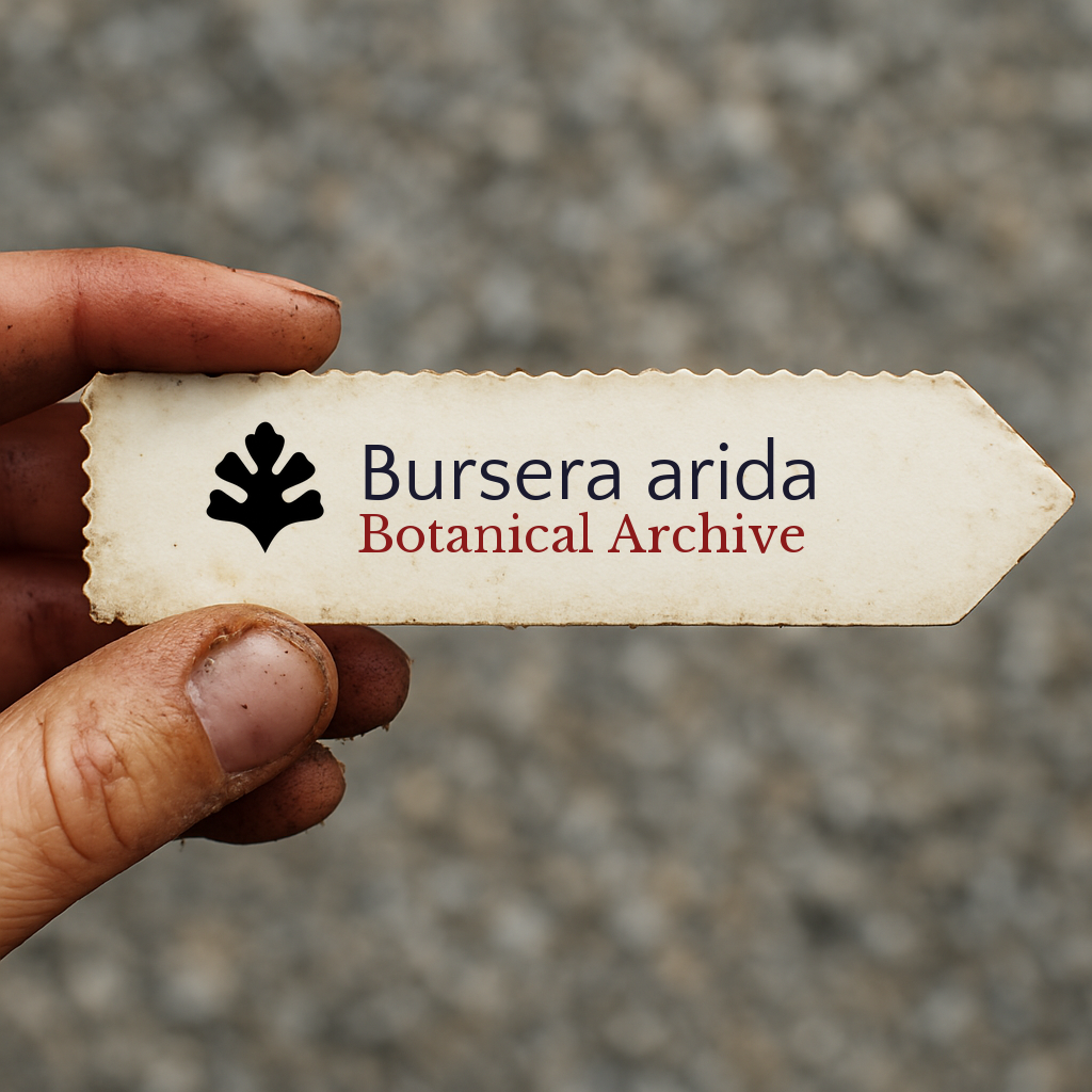 Printed plant label for Bursera arida with botanical archive logo held by dirty fingers