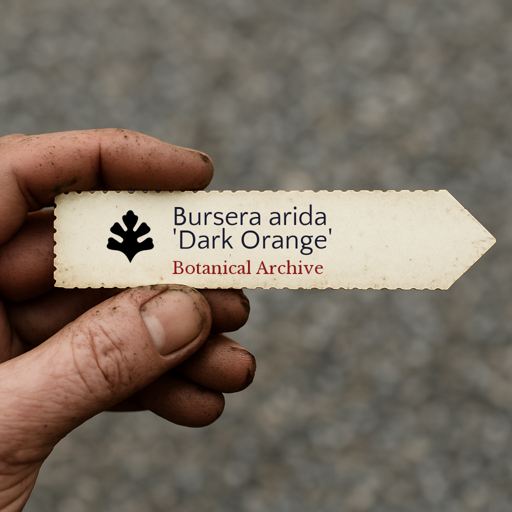 Printed plant label for Bursera arida 'Dark Orange' held by dirty hand outdoors