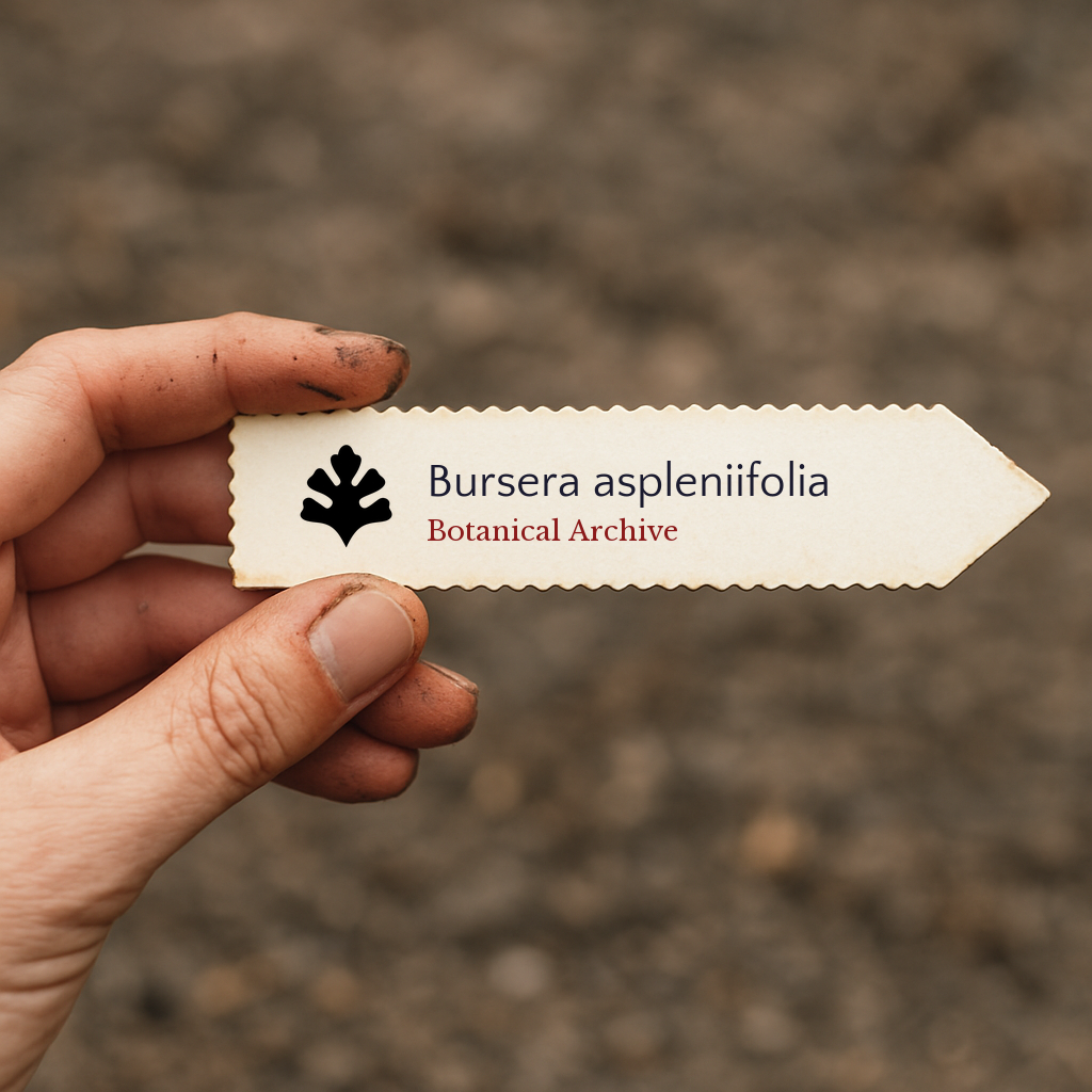 Etichetta vegetale stampata per Bursera aspleniifolia tenuta a mano con sfondo di terreno