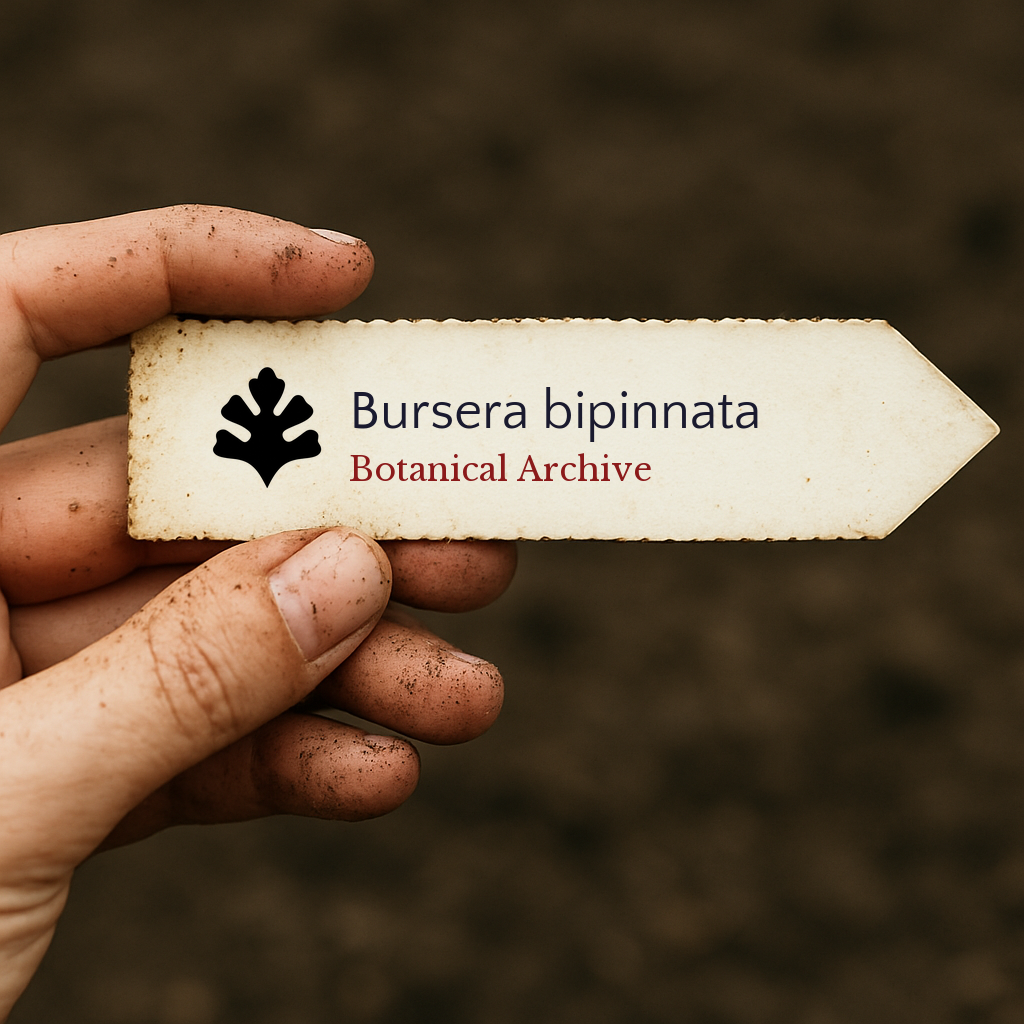 Etichetta stampata per pianta di Bursera bipinnata tenuta da mano sporca con sfondo di terreno