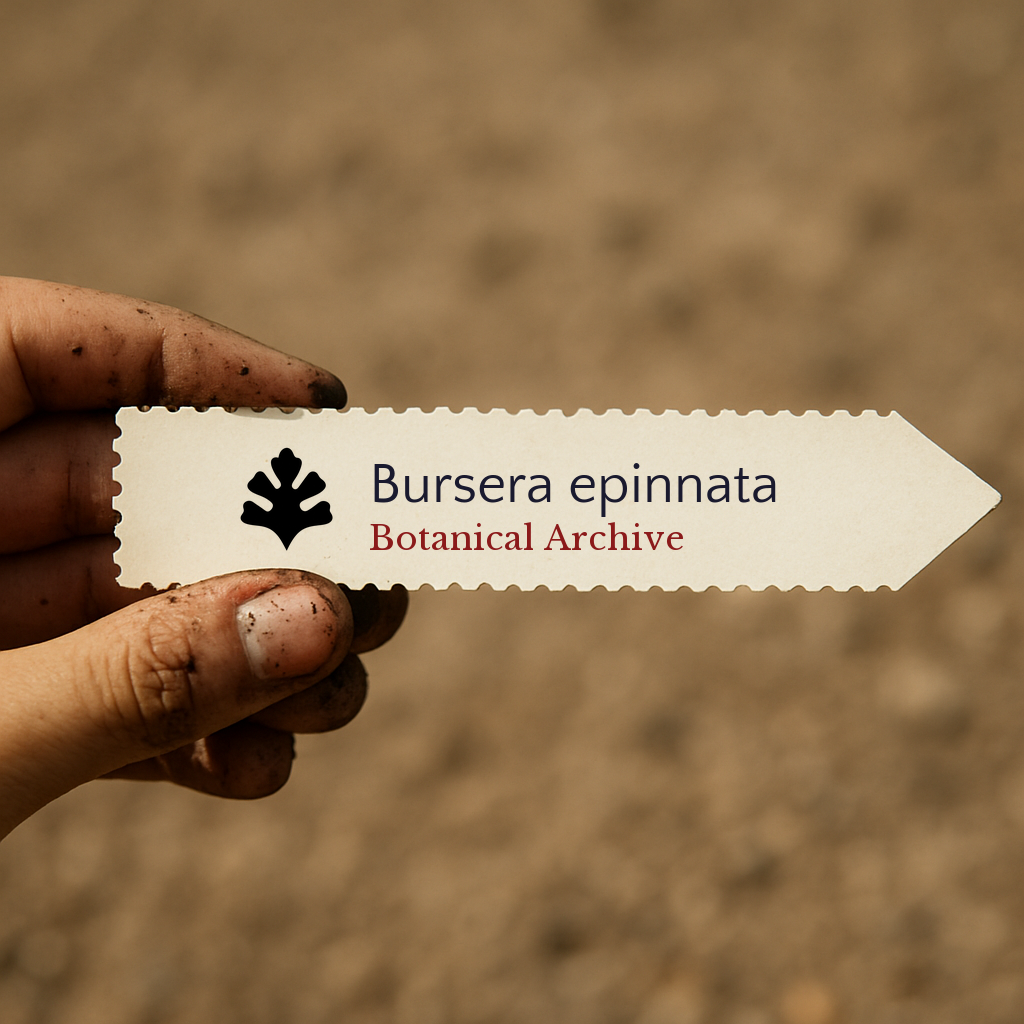 Etichetta stampata per pianta di Bursera epinnata tenuta a mano con sfondo di terreno