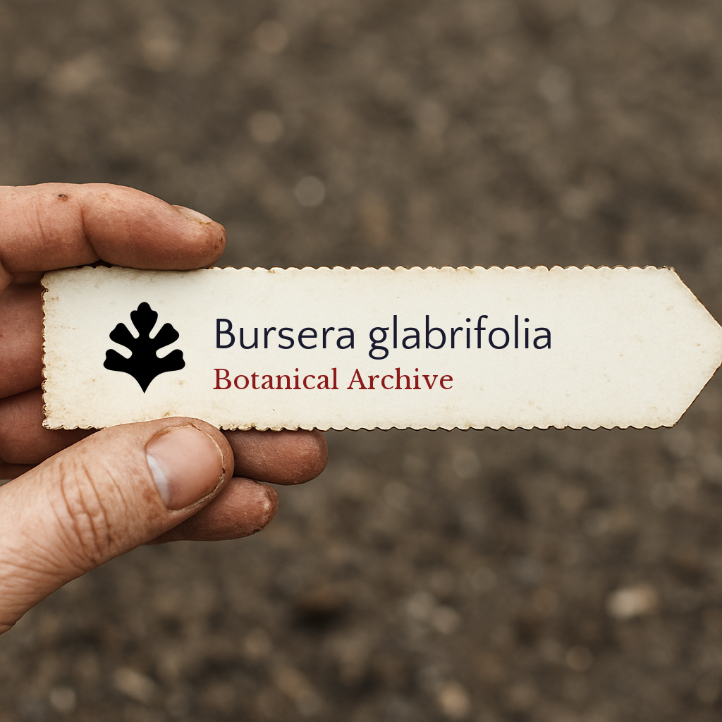 Printed plant label for Bursera glabrifolia held over soil background