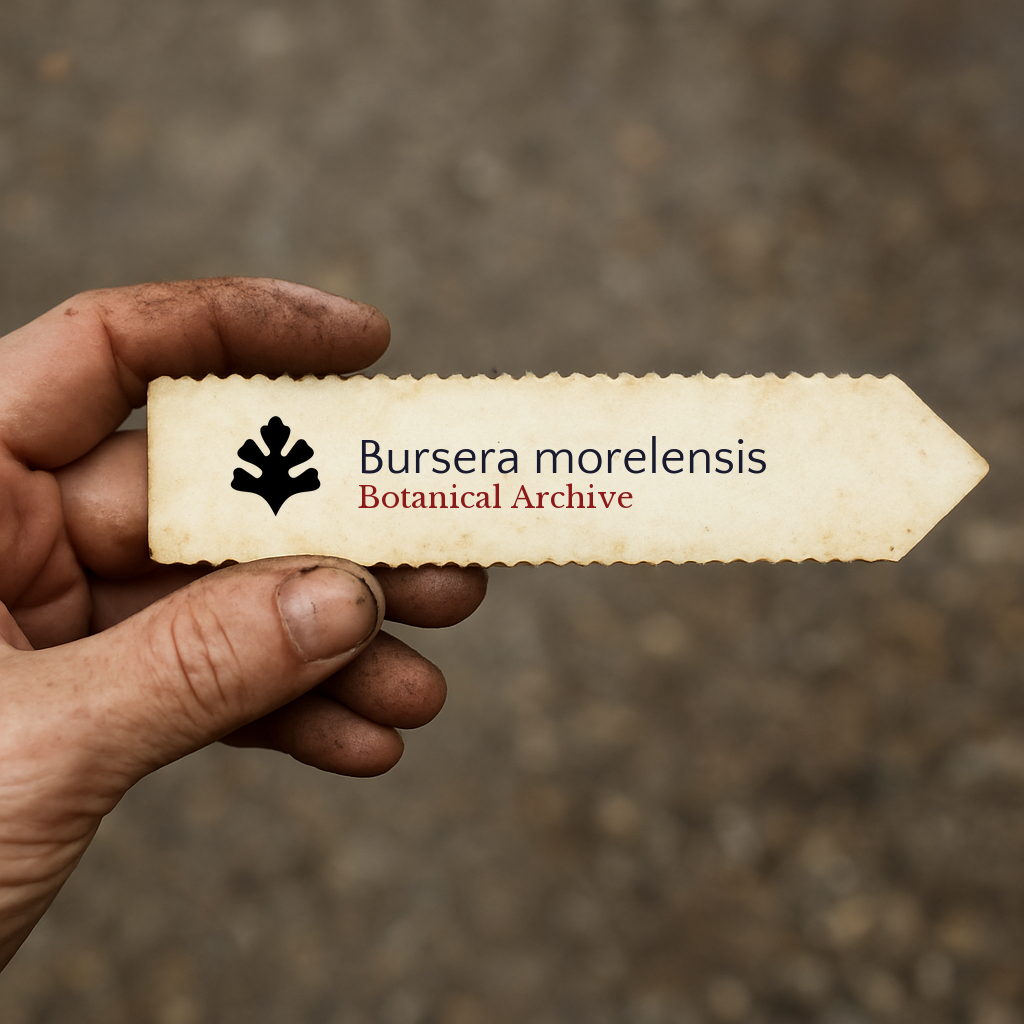 Vintage botanical archive label for Bursera morelensis held by hand
