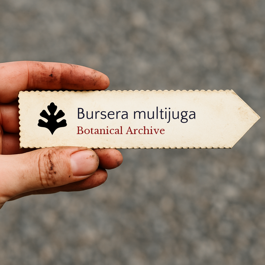 Etichetta portatile vintage di Botanical Archive per Bursera multijuga con design silhouette di foglia
