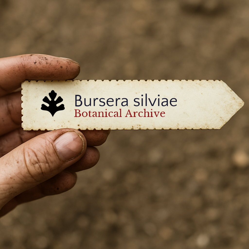 Printed plant label for Bursera silviae with botanical archive logo held by dirty hand