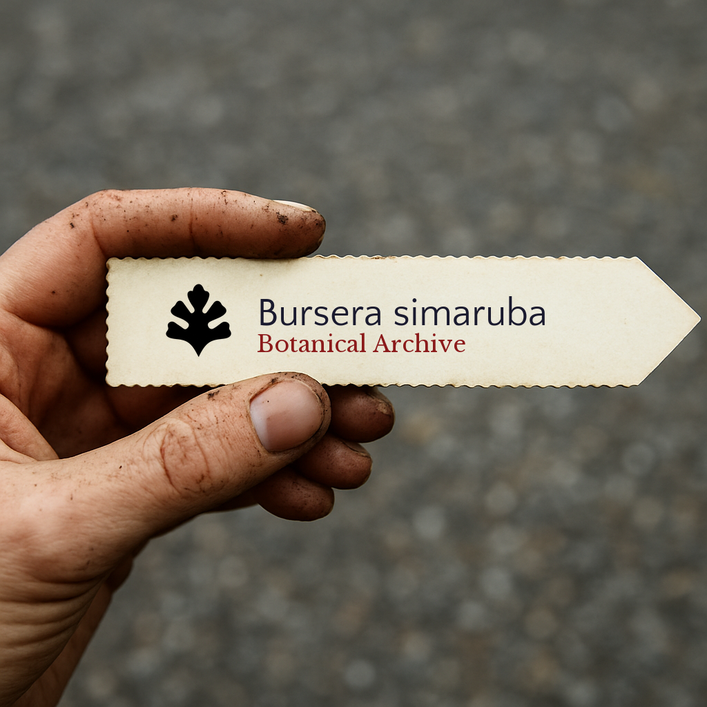 Etichetta stampata per pianta di Bursera simaruba con il logo di Botanical Archive tenuta da mano sporca