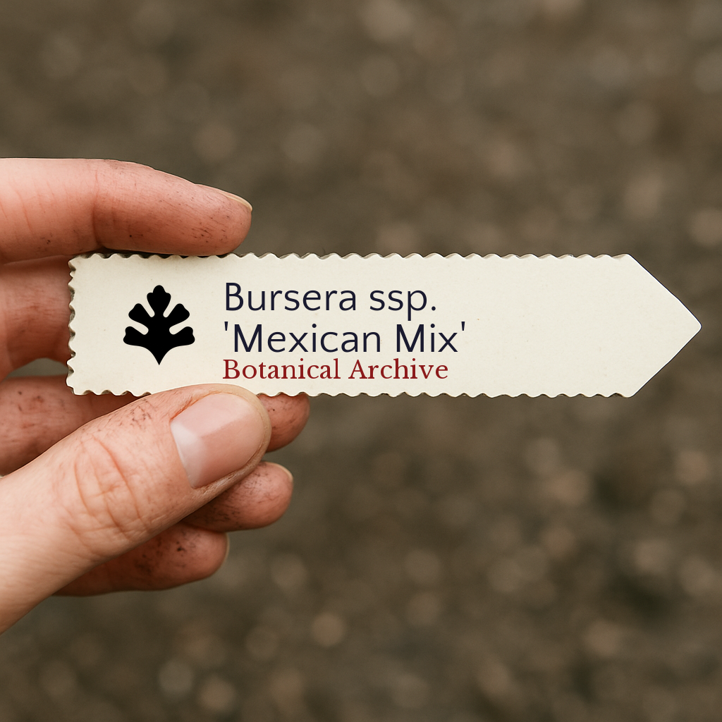 Etichetta stampata per pianta di Bursera ssp. 'Mexican Mix' tenuta a mano su sfondo di terreno