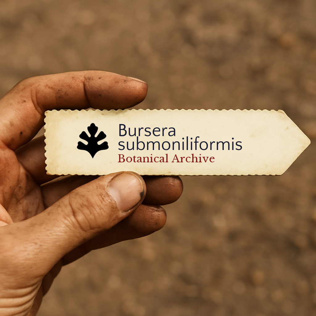 Printed plant label for Bursera submoniliformis held by hand with soil background