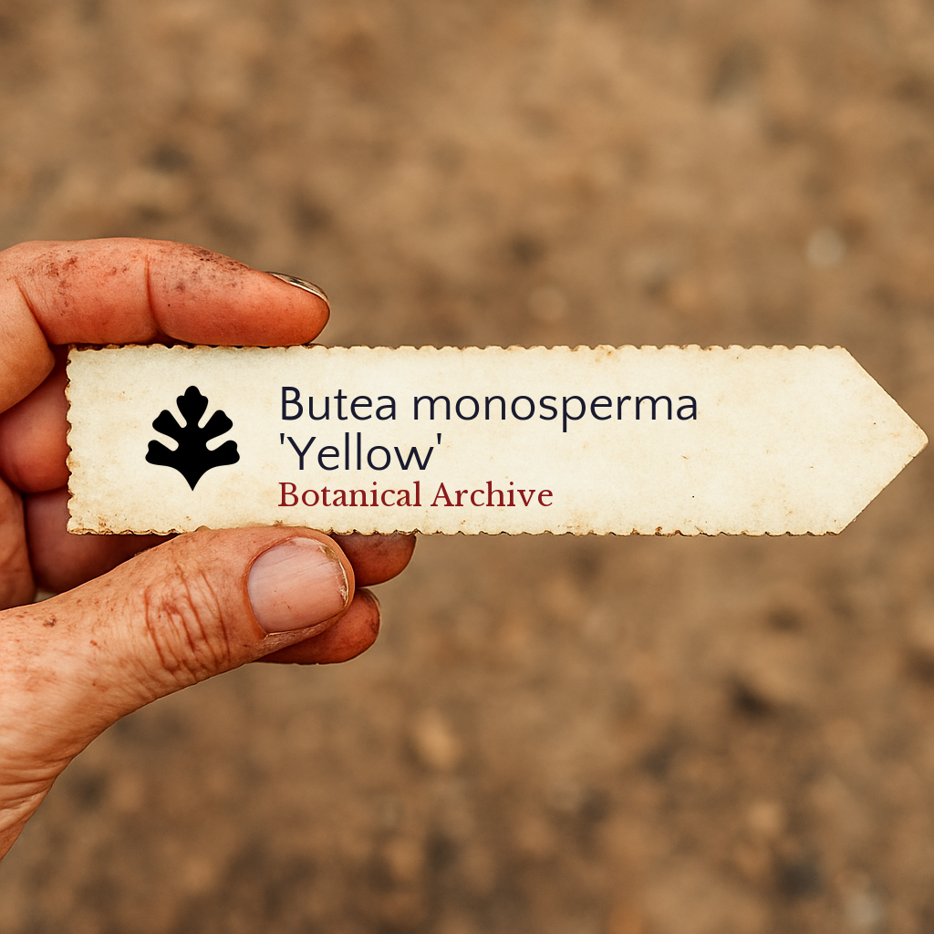 Printed plant label for Butea monosperma 'Yellow' held by hand with soil background