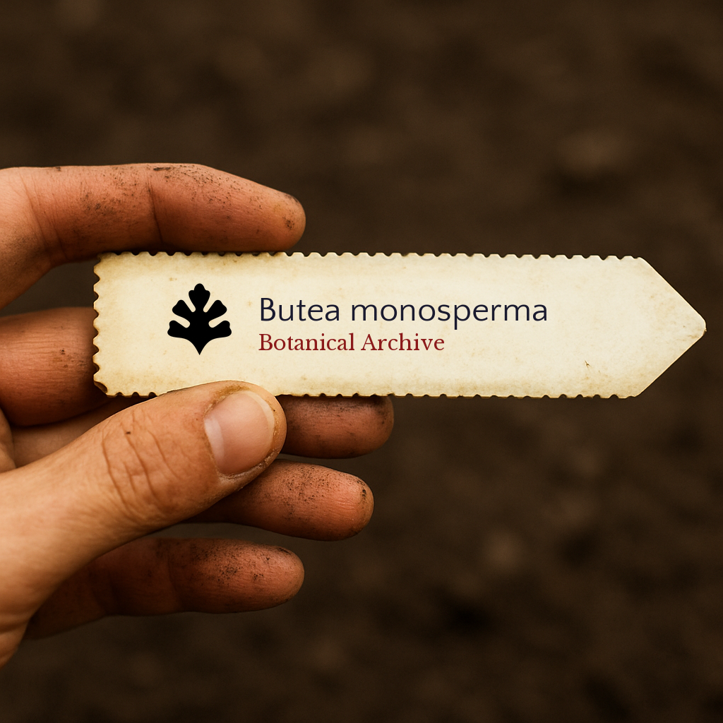 Printed plant label for Butea monosperma held by hand over soil background