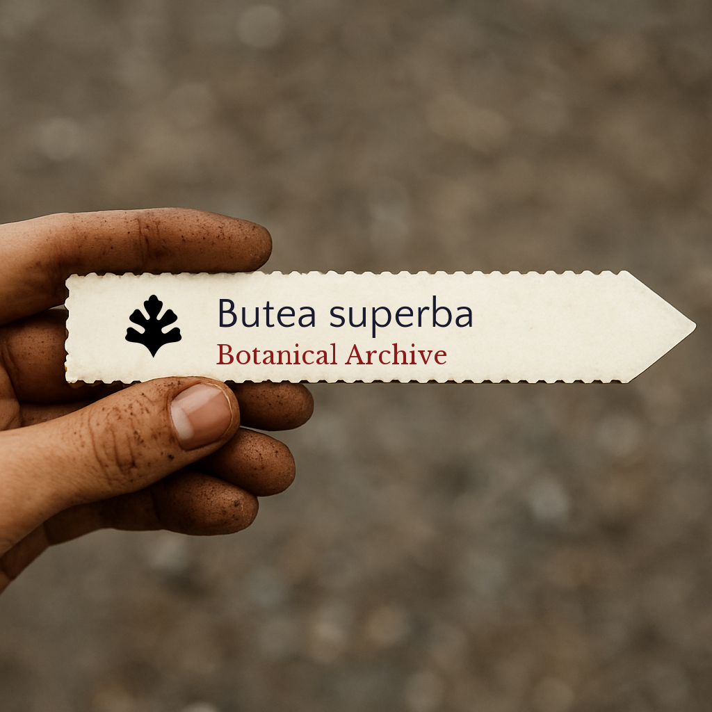 Printed plant label for Butea superba held by dirty hand over soil background