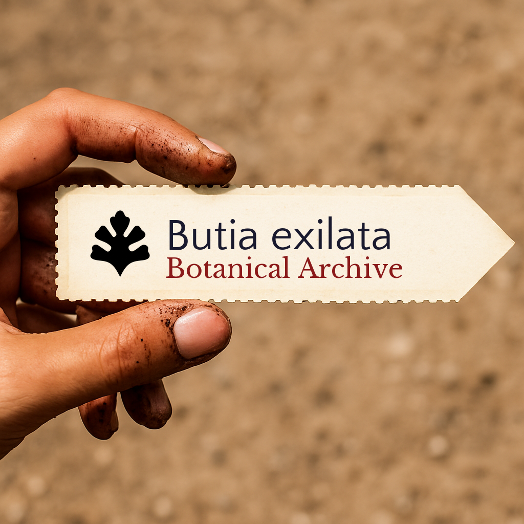Printed plant label for Butia exilata Botanical Archive held by dirty hand