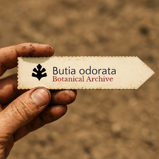 Printed plant label for Butia odorata held by dirty hand against soil background
