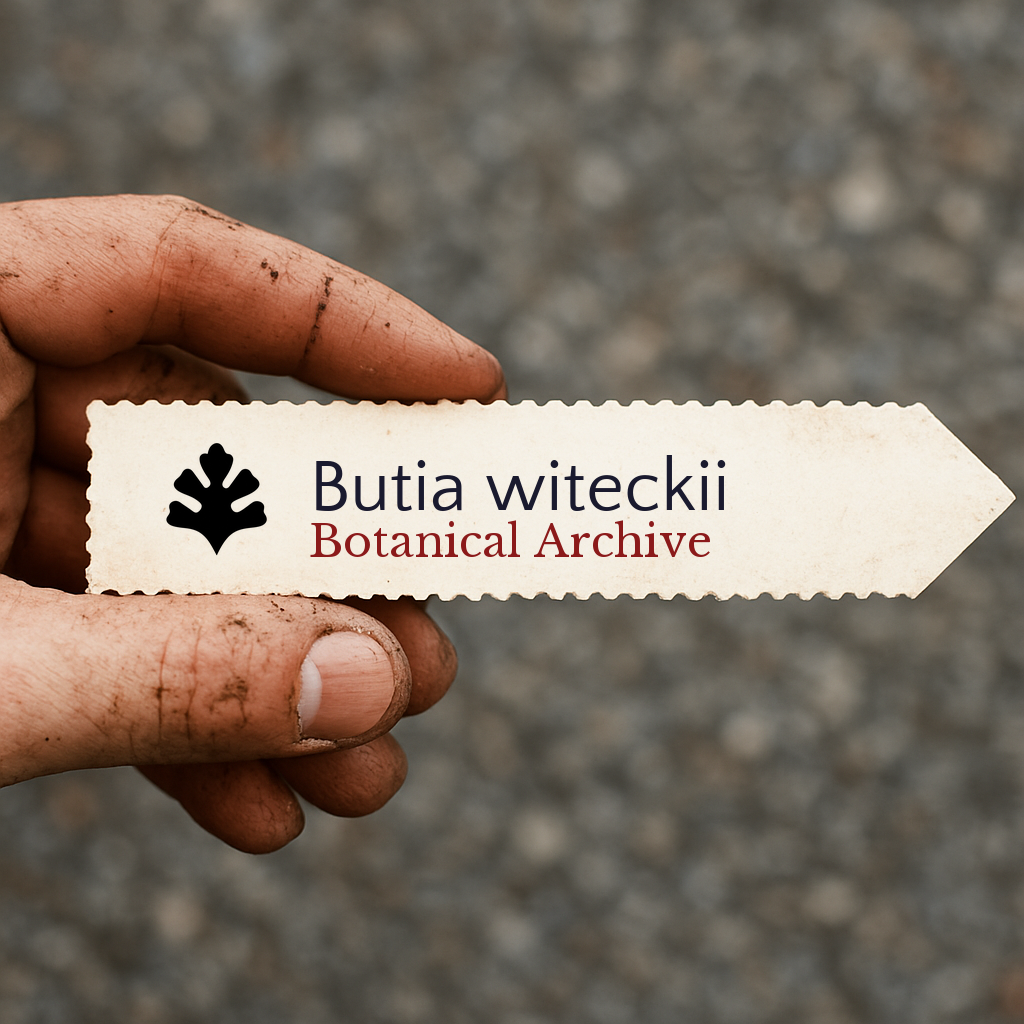 Etichetta per piante stampata per Butia witeckii tenuta a mano con terra sulle dita