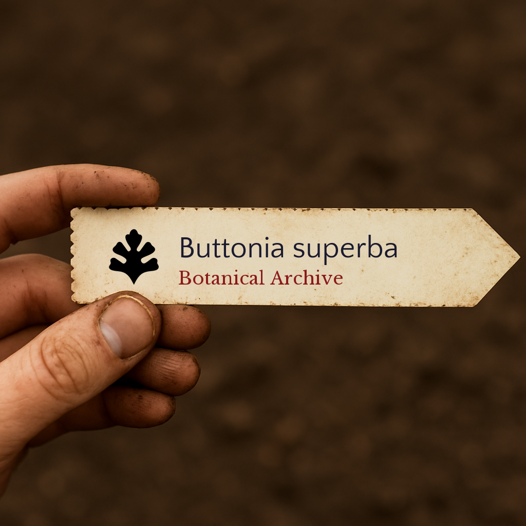 Etichetta portatile stampata per Buttonia superba con il logo di Botanical Archive