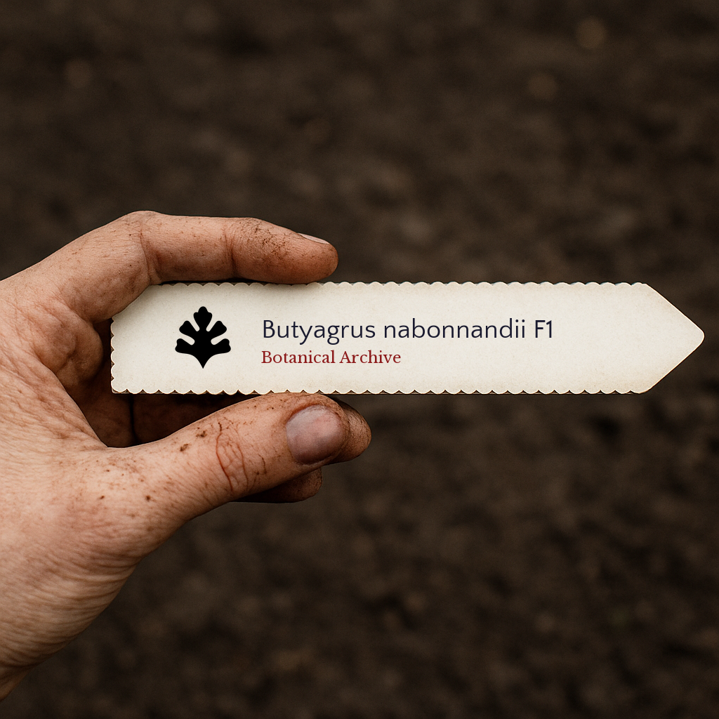 Printed plant label for Butyagrus nabonnandii F1 held over soil background