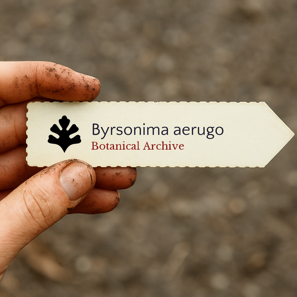 Etichetta per pianta stampata di Byrsonima aerugo tenuta da mano sporca all'aperto