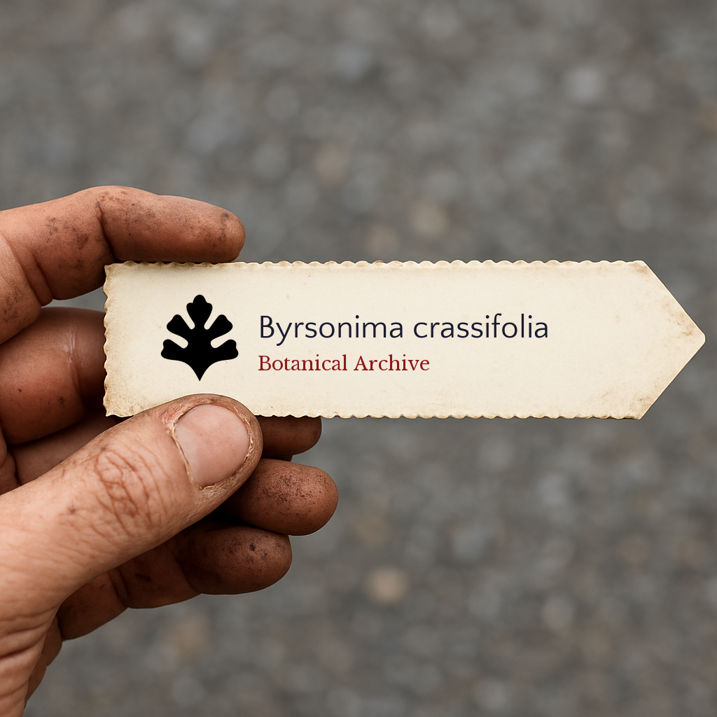 Printed plant label for Byrsonima crassifolia held by dirty hand outdoors