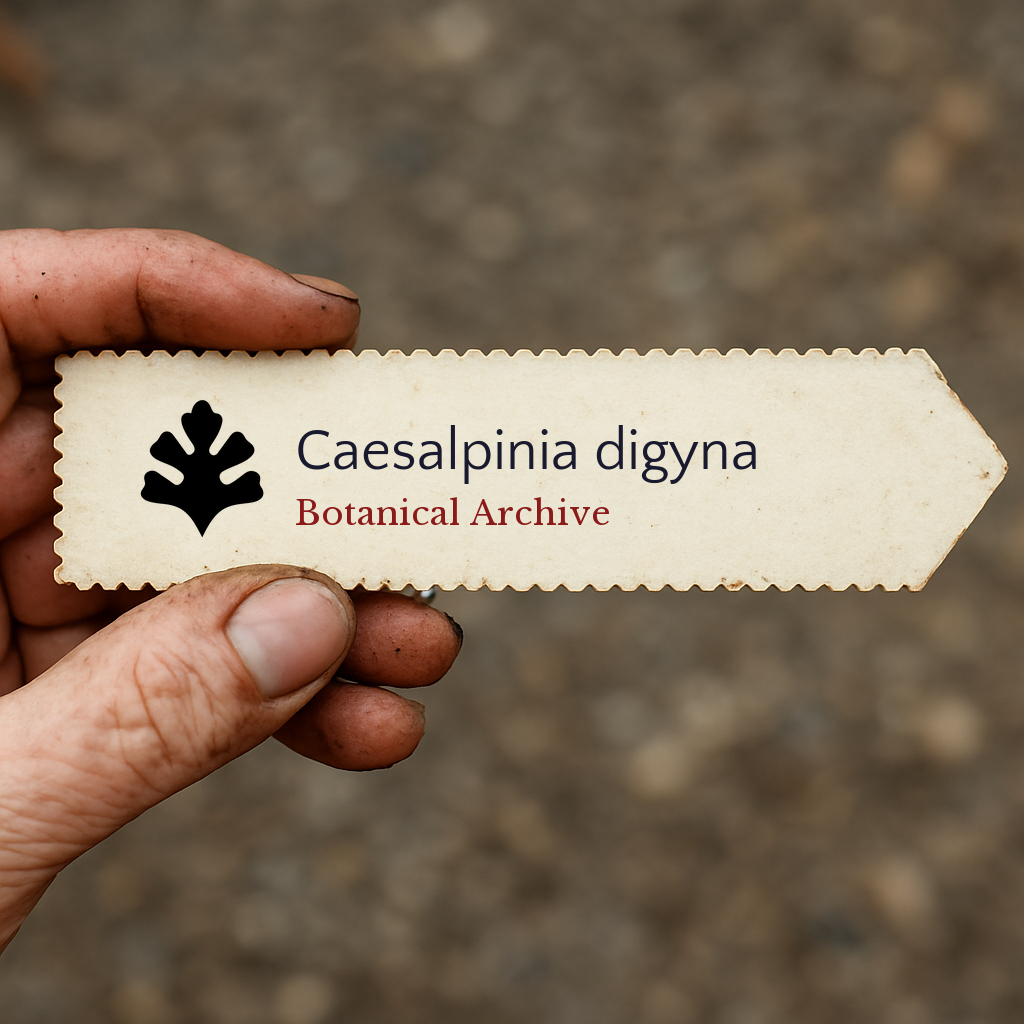 Etichetta per piante stampata per Caesalpinia digyna con il logo Botanical Archive tenuta a mano